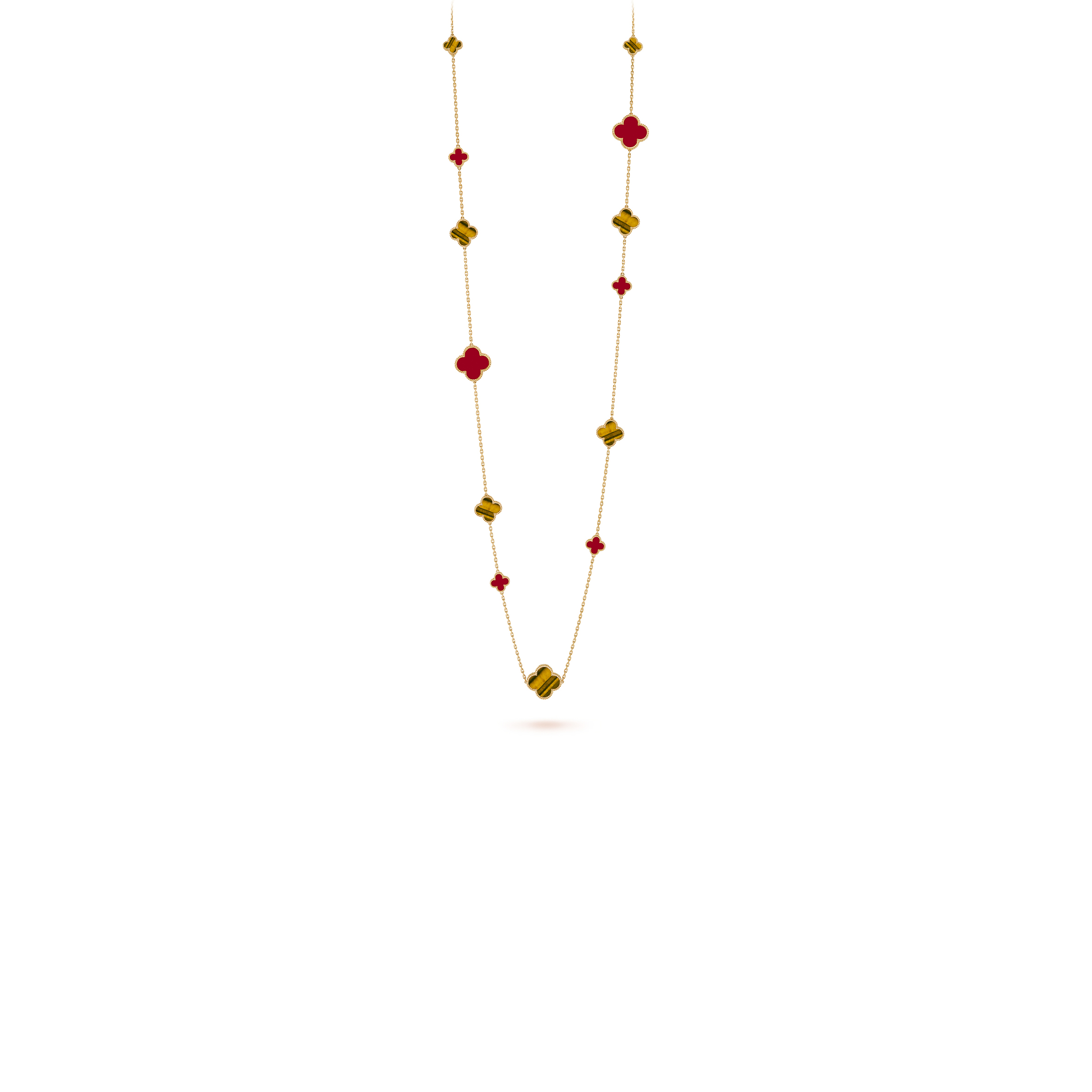 V*N CL*F arpels magic alhambra long necklace, 16 motifs - yellow gold, carnelian, tiger eye  vcarn5jo00